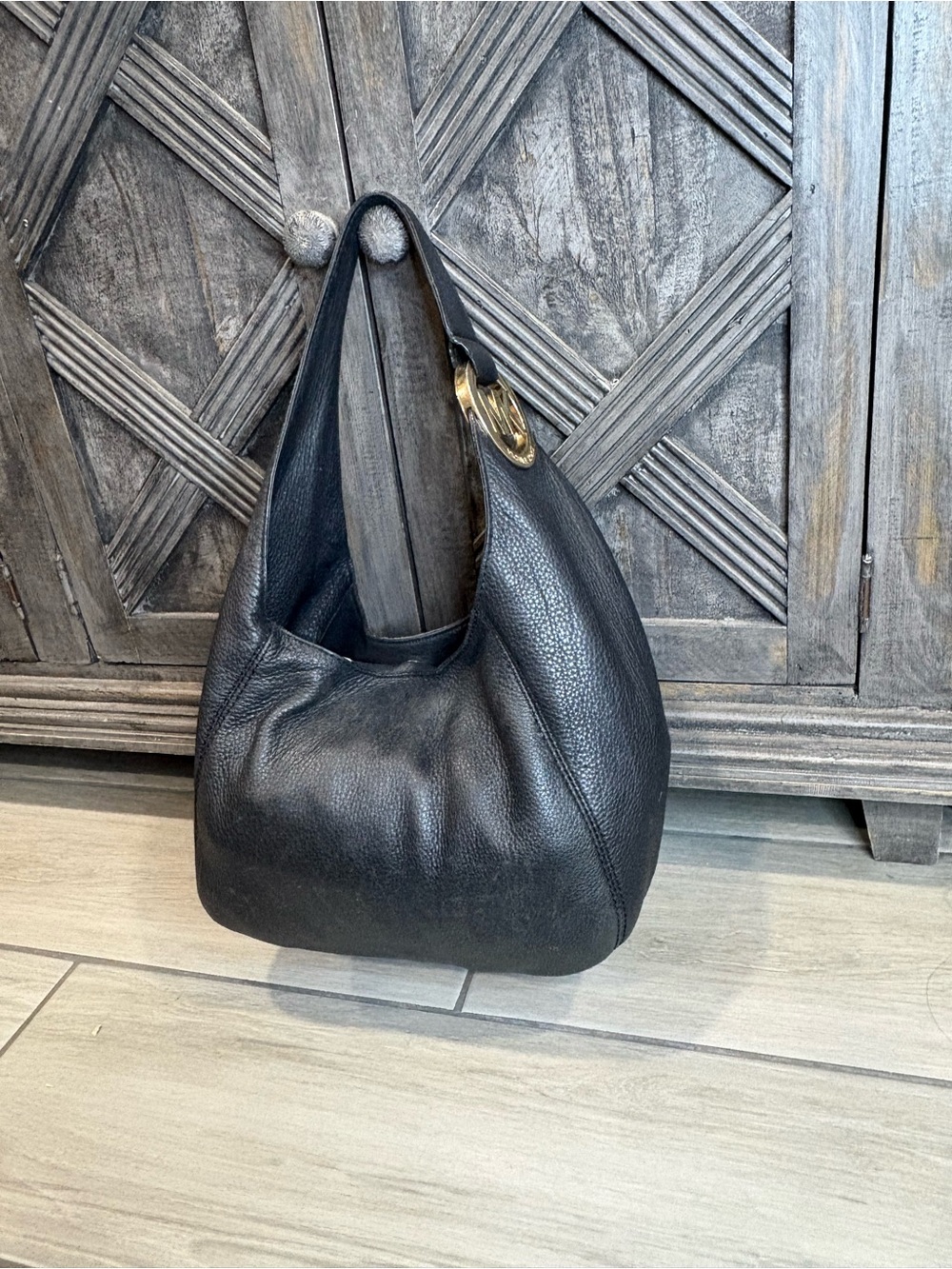 Michael Kors Fulton Black Leather Large Hobo Shoulder Bag Purse Handbag Tote
